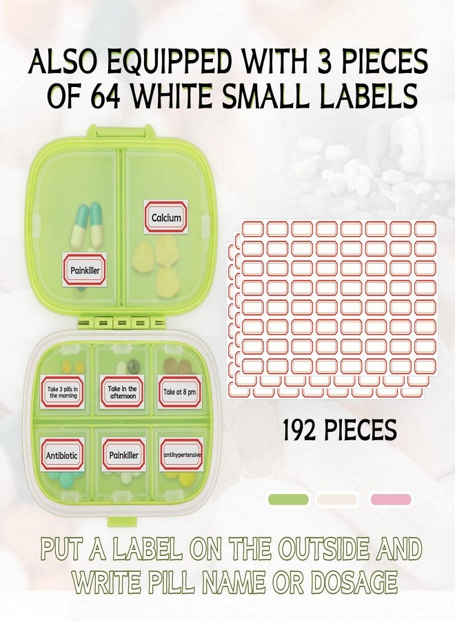 BUWUSMU 18 Pack Travel Pill Boxes Bulk Small Pill Case Portable Pill Organizer 8 Compartments Pill Box Dispenser Daily Vitamin Jewelry Organizer Travel Must Haveswith(3 Colors with 192 Pcs Labels) - Image 4